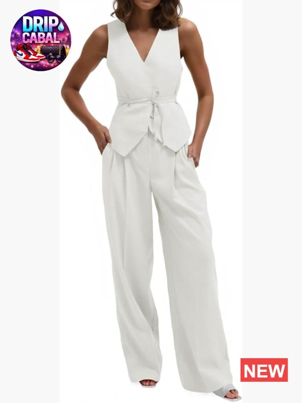 Tie Waist Blazer Vest & Wide Leg Pant Suit Set 2 Piece